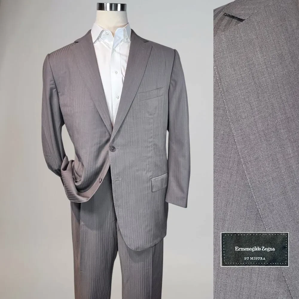 Ermenegildo Zegna Su Misura 48x50L 43x32 ROM Taupe Brown Tonal Stripe Suit